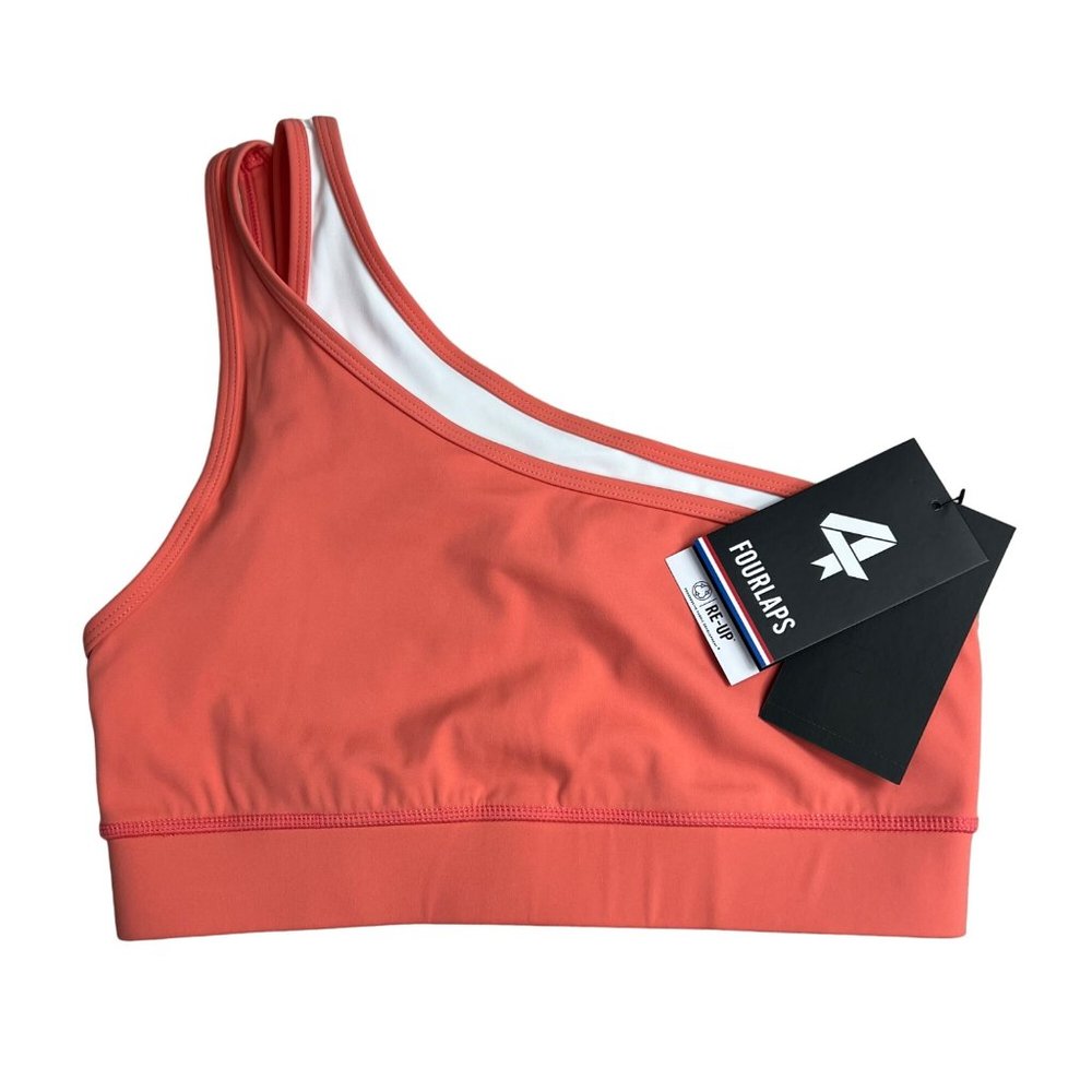Four Laps FourLaps Solo Sports Bra size S Blush Coral One Shoulder Logo NWT